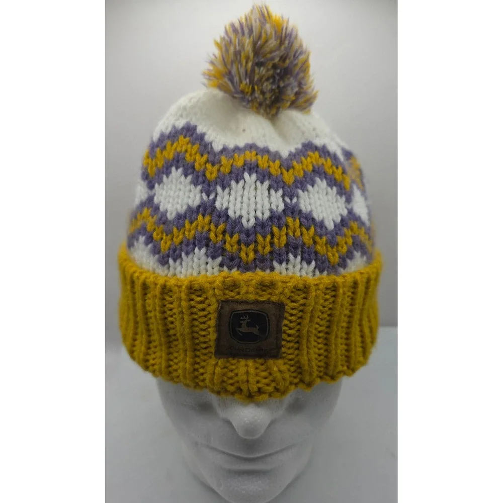 Genuine‎ John Deere Knit Beanie Winter Hat Pom Pom Yellow Purple
